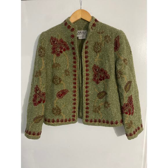 Carlisle vintage jacket women size 4 green alpaca wool embroidered boho cottage - Picture 1 of 6
